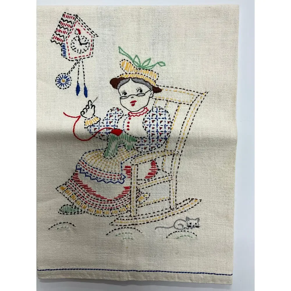 Vintage 2 Handmade Embroidery Kitchen Dish Towels Grandma Grandpa Rock'n NEW - Picture 3 of 7